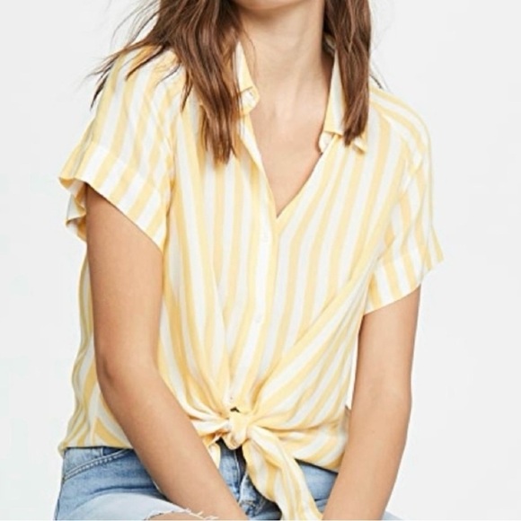 7 For All Mankind Yellow White Striped Tie Front Shirt Button Down Size S - Picture 2 of 12